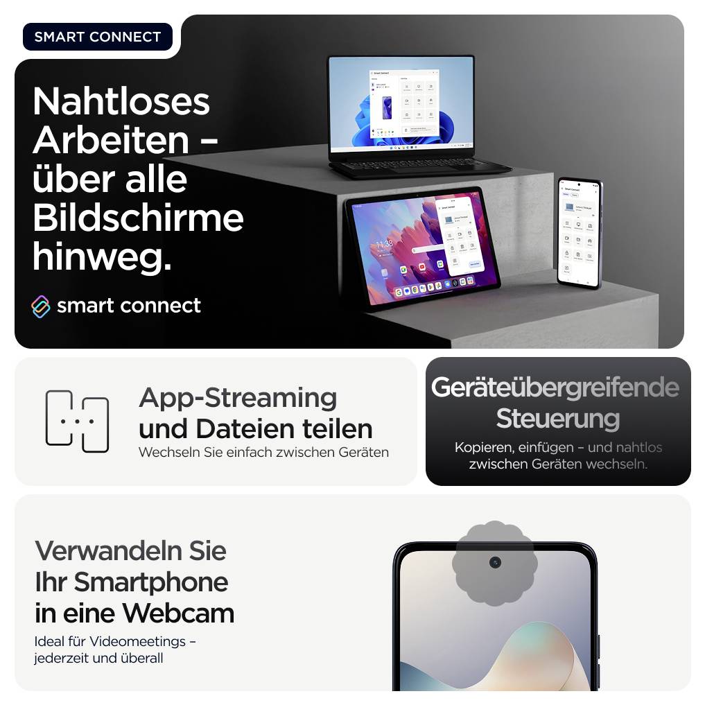 Laptop, Tablet und Smartphone mit Smart-Connect-Funktionen. Text: „Nahtloses Arbeiten - über alle Bildschirme hinweg". Schaltflächen für App-Streaming, Dateifreigabe, Geräteverwaltung.