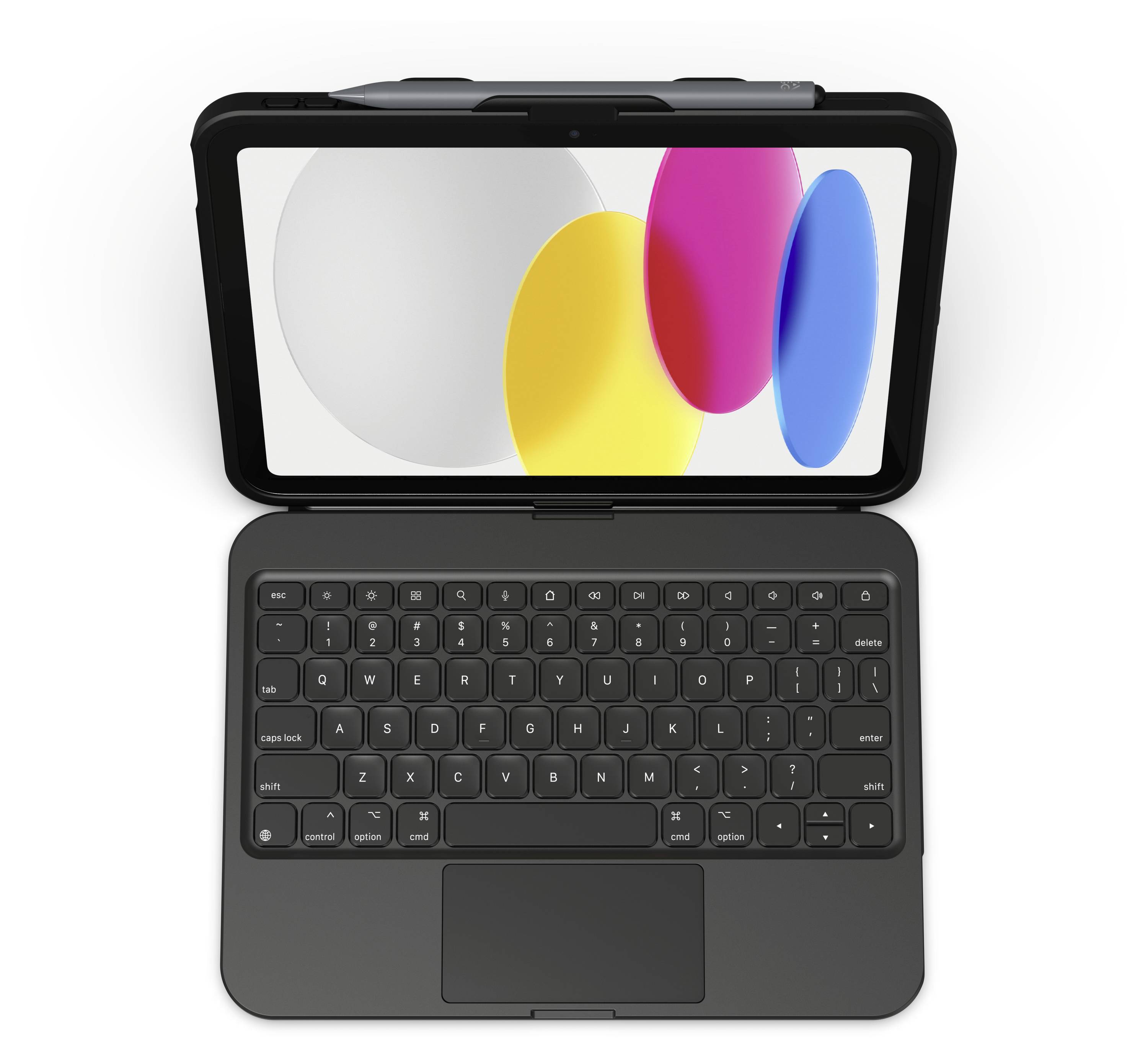 Tablet mit Tastatur, das geometrische Formen auf dem Bildschirm anzeigt: großer grauer Kreis, sich überlappende gelbe, rosa und blaue Ovale.