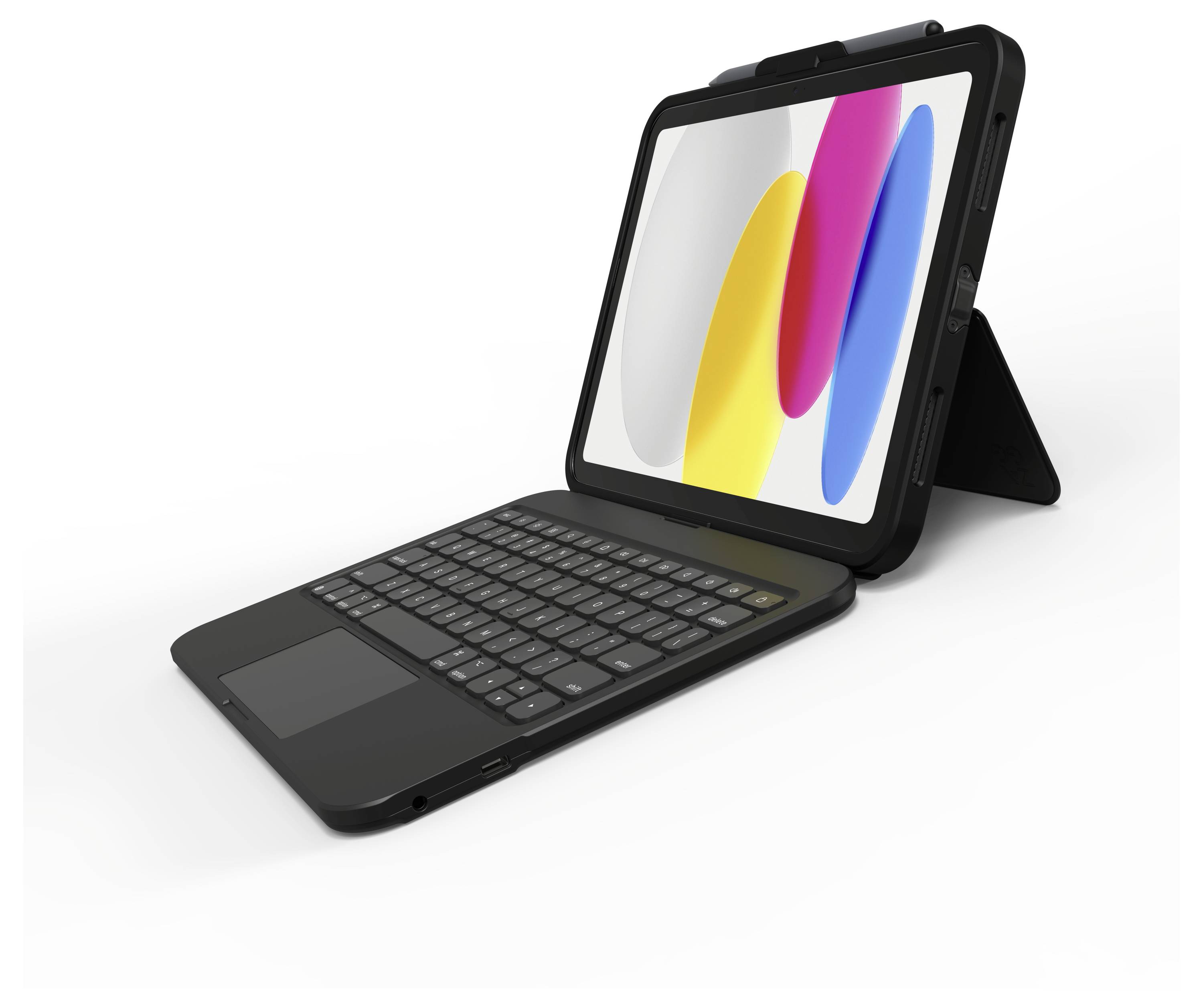 Ein Tablet mit angebrachter Tastatur, in Laptop-Position angezeigt. Der Bildschirm zeigt ein farbenfröhliches abstraktes Design mit gelben, rosa und blauen Formen.