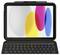 Ein Tablet mit einer Tastatur zeigt ein farbenfrohes abstraktes Design auf dem Bildschirm mit sich überlappenden ovalen Formen in Weiß, Rosa, Gelb und Blau.