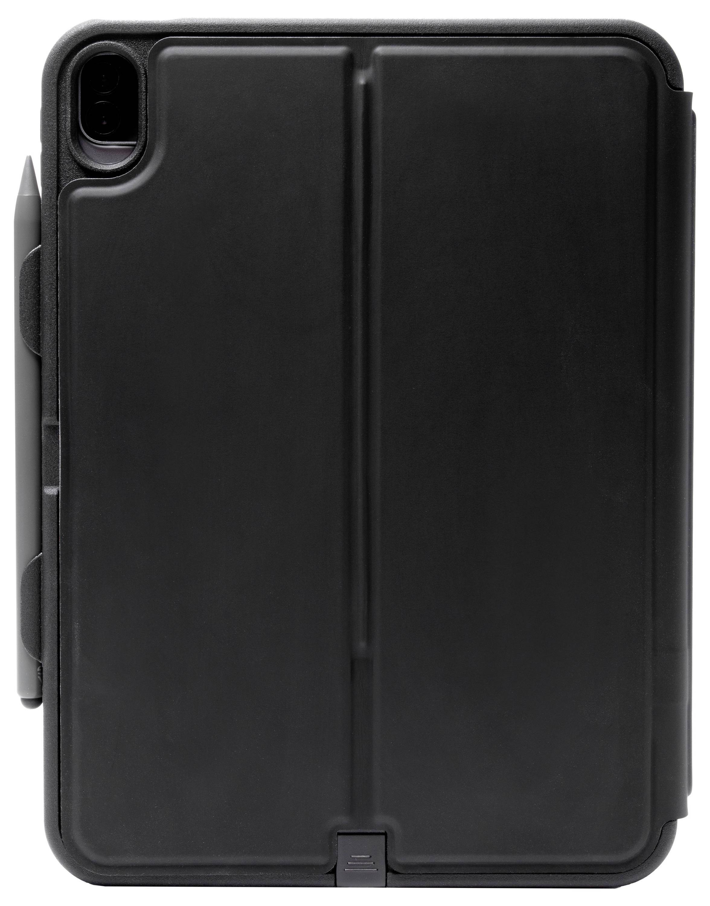 Ein schwarzes Tablet mit einer Schutzhülle und Stifthalter wird gezeigt, das Haltbarkeit und Design für bequeme Verwendung unterstreicht.
