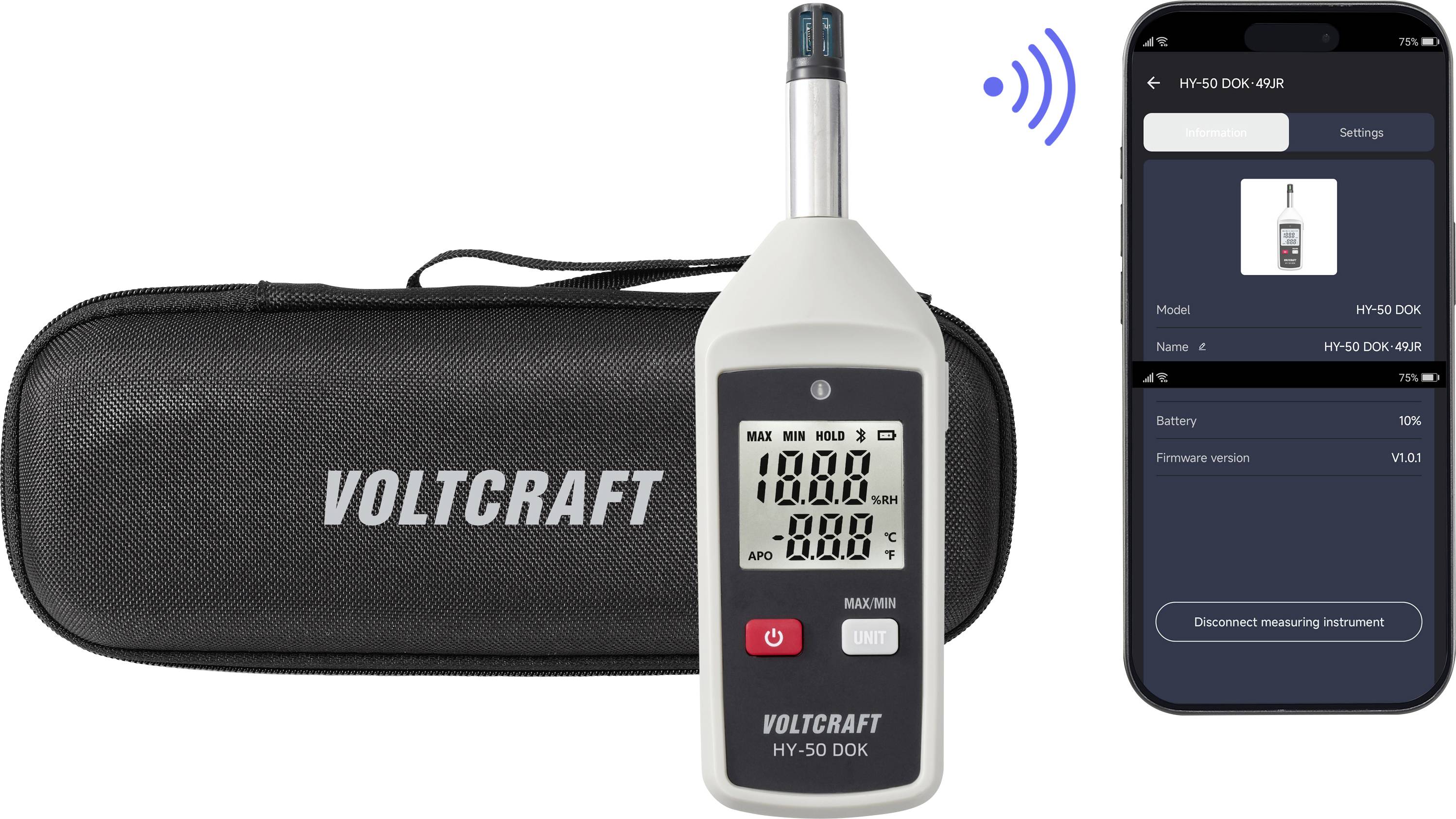 VOLTCRAFT HY-50 DOK Schallpegelmesser mit Tragekoffer und Smartphone-App zeigt verbundenes Gerät und Daten an.