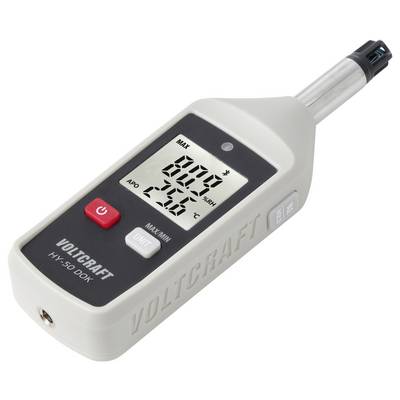 Tragbares digitales Thermo-Hygrometer von Voltcraft mit Messfühler, zeigt Temperatur- und Feuchtemessungen auf einem LCD-Display an.