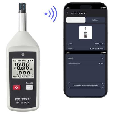 Tragbares VOLTCRAFT-Hygrometer-Messinstrument mit drahtloser Verbindung zu einer Smartphone-App, die Geräteinformationen, Akkustand und eine Trennschaltfläche anzeigt.