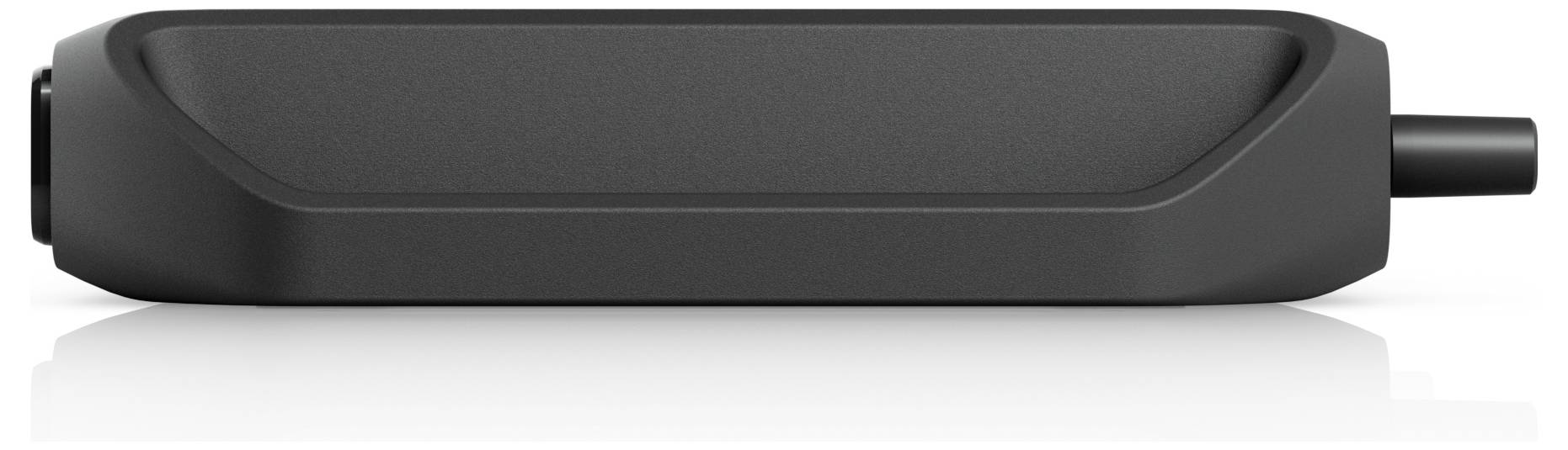 Ein elegantes, rechteckiges schwarzes elektronisches Gerät mit glatten Kanten und einem Kabel, das sich von der rechten Seite erstreckt, vor weißem Hintergrund.