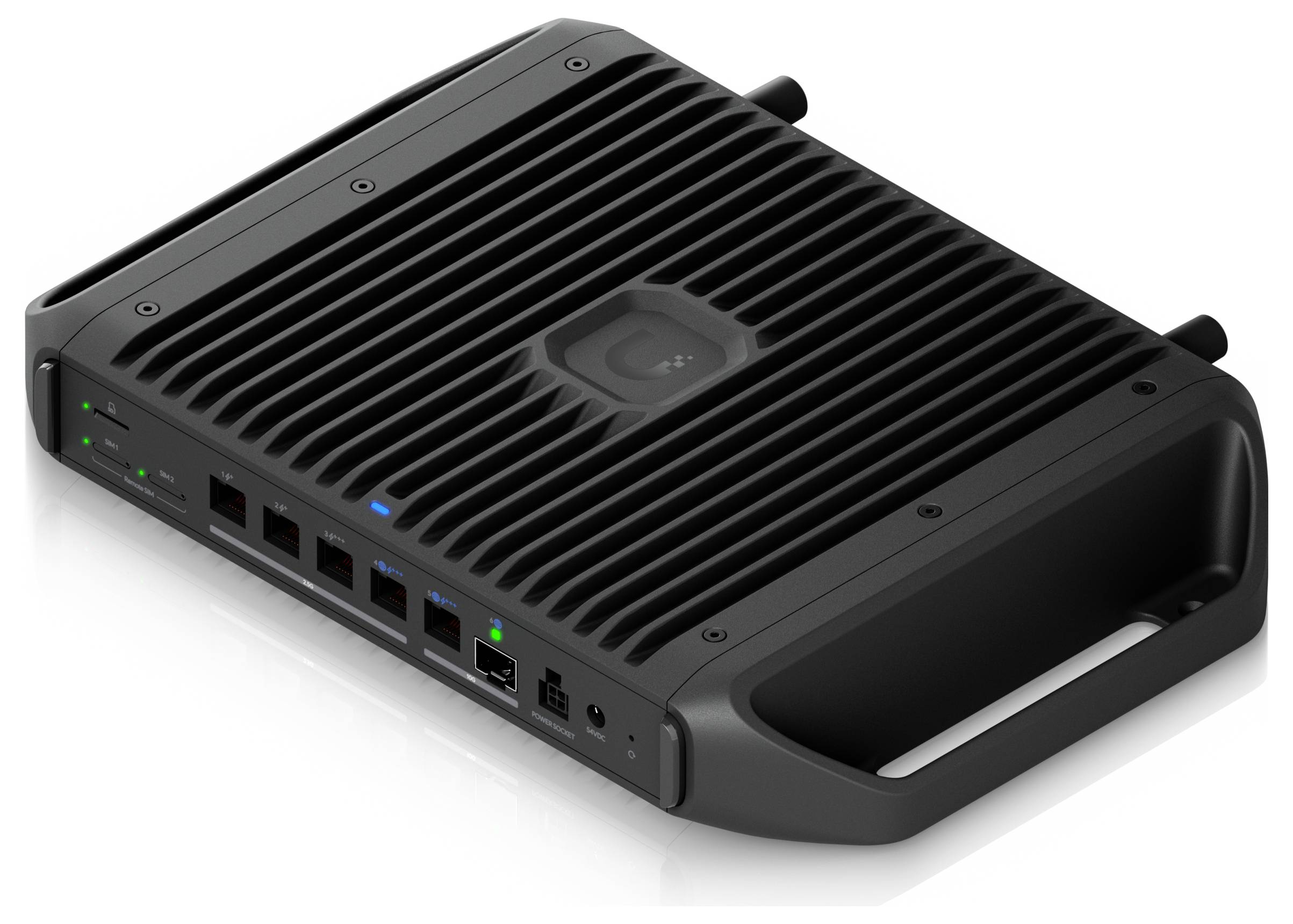 Ein schwarzes elektronisches Gerät mit mehreren Anschlüssen auf einer Seite, LED-Anzeigen und einer gerillten Oberfläche, wahrscheinlich ein Netzwerk-Router oder Switch.