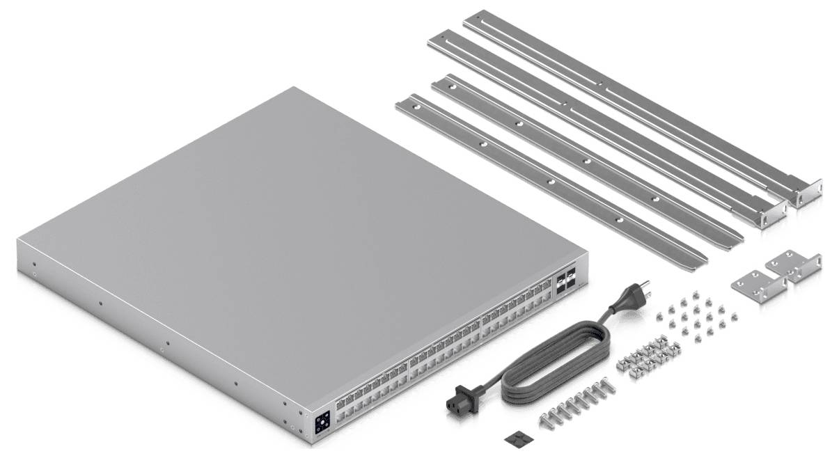 Ein Server-Rack-Set mit einer silbernen Servereinheit, vier Montageschienen, Stromkabel, Schrauben und Halterungen, angeordnet auf einer ebenen Fläche.