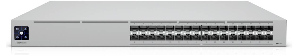 Ein Netzwerk-Switch mit mehreren Anschlüssen in einem eleganten, rechteckigen Design. Verfügt über ein kleines digitales Display auf der linken Seite.