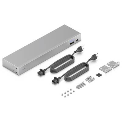 Eine Rack-Mount-Steckdosenleiste mit zwei Kabeln, Montagebügeln, Schrauben und anderem Zubehör.