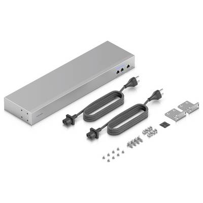 Stahlverteileinheit für Stromversorgung mit zwei schwarzen Stromkabeln, Montageklammern und Schrauben, konstruiert für die Installation in Serverracks.