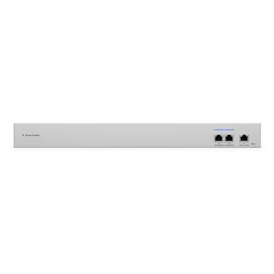 Netzwerkgerät mit drei Anschlüssen auf der rechten Seite mit den Bezeichnungen „Konsole", „Ethernet" und „Stromversorgung". Blaues Logo und Kontrollleuchten auf der linken Seite.