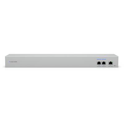 Ein graues Netzwerkgerät mit zwei Ethernet-Anschlüssen und Anzeigelichtern.