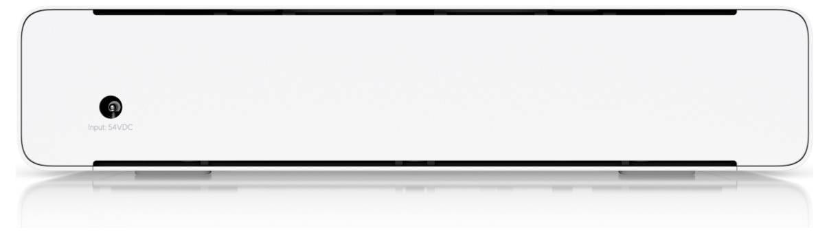 Ein weißes rechteckiges digitales Gerät mit einem Power-Button-Symbol auf der linken Seite.