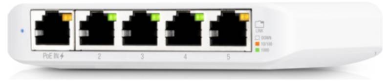 Weißes elektronisches Gerät mit einem USB-C-Anschluss und Stromsymbol auf der Vorderseite.