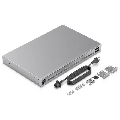 Ein silberner Netzwerk-Switch mit Anschlüssen auf der Vorderseite wird zusammen mit einem Stromkabel, Schrauben, Halterungen und Montagematerial für die Installation gezeigt.