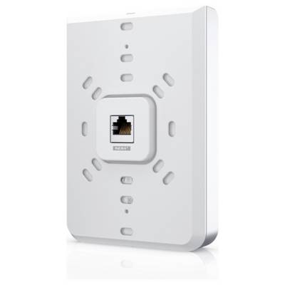 Ein weißer wandmontierter kabelloses Zugriffsgerät mit einem Ethernet-Anschluss in der Mitte, umgeben von mehreren kleinen Schlitzen und Kontrollleuchten.