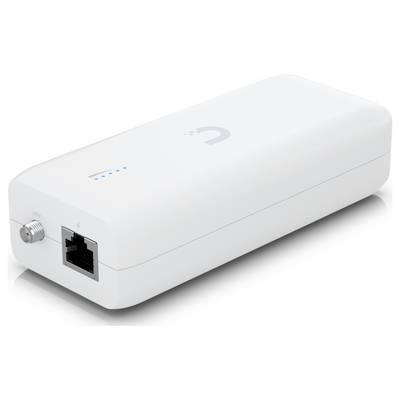 'Ein weißes Ubiquiti airGateway-Gerät mit einem Ethernet-Anschluss und Stromversorgung, das zur Erweiterung der Wi-Fi-Abdeckung in Innenräumen verwendet wird.'