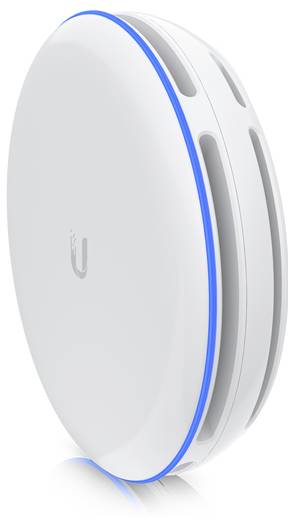 Ein weißes, oval geformtes kabelloses Zugriffsgerät mit einer blauen Lichtakzent, das für Internetverbindung konzipiert ist, aus einer Seitenansicht dargestellt.