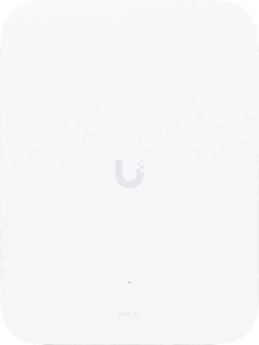 Ein weißes rechteckiges WLAN-Zugriffsgerät mit einem kleinen, zentrierten "Ubiquiti"-Logo und einer blauen LED-Anzeige am unteren Ende.