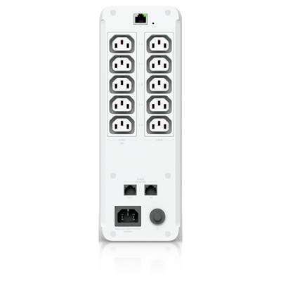 Rückansicht einer weißen unterbrechungsfreien Stromversorgung mit acht AC-Steckdosen, zwei Ethernet-Anschlüssen und Stromeingabe-/-ausgabeanschlüssen.