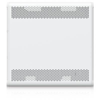 Weiß rechteckiges elektronisches Gerät mit sechseckigen Lüftungsgittern oben und unten, gezeigt von vorne vor einfachem Hintergrund.