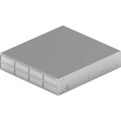 Ein in ein Serverrack eingebautes Speichersystem mit mehreren Festplattenschächten, elegantes silbernes Gehäuse, für den Einsatz in Rechenzentren konzipiert.