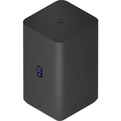Ein elegantes, schwarzes turmförmiges Gerät mit einem kleinen Display-Bildschirm an der Vorderseite, das für Netzwerk- oder Computerzwecke verwendet wird.