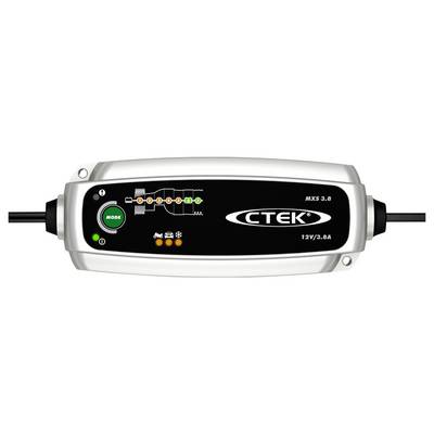 Ein CTEK-Ladegerät mit einer "MODE"-Taste, LED-Anzeigen für Ladestufen, einschließlich 12V/3,8A Ausgang und Fahrzeugsymbolen.