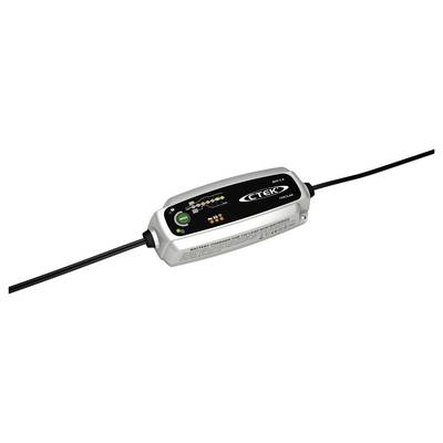 Ein rechteckiges CTEK-Batterieladegerät mit Anzeigelichtern und Tasten, das ausgewählte Lademodi und Status anzeigt.