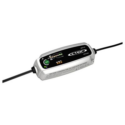 Ein silberner CTEK MXS 5.0 Batterieladegerät für 12V Bleiakkus, mit LED-Anzeigen und angeschlossenen Stromkabeln.