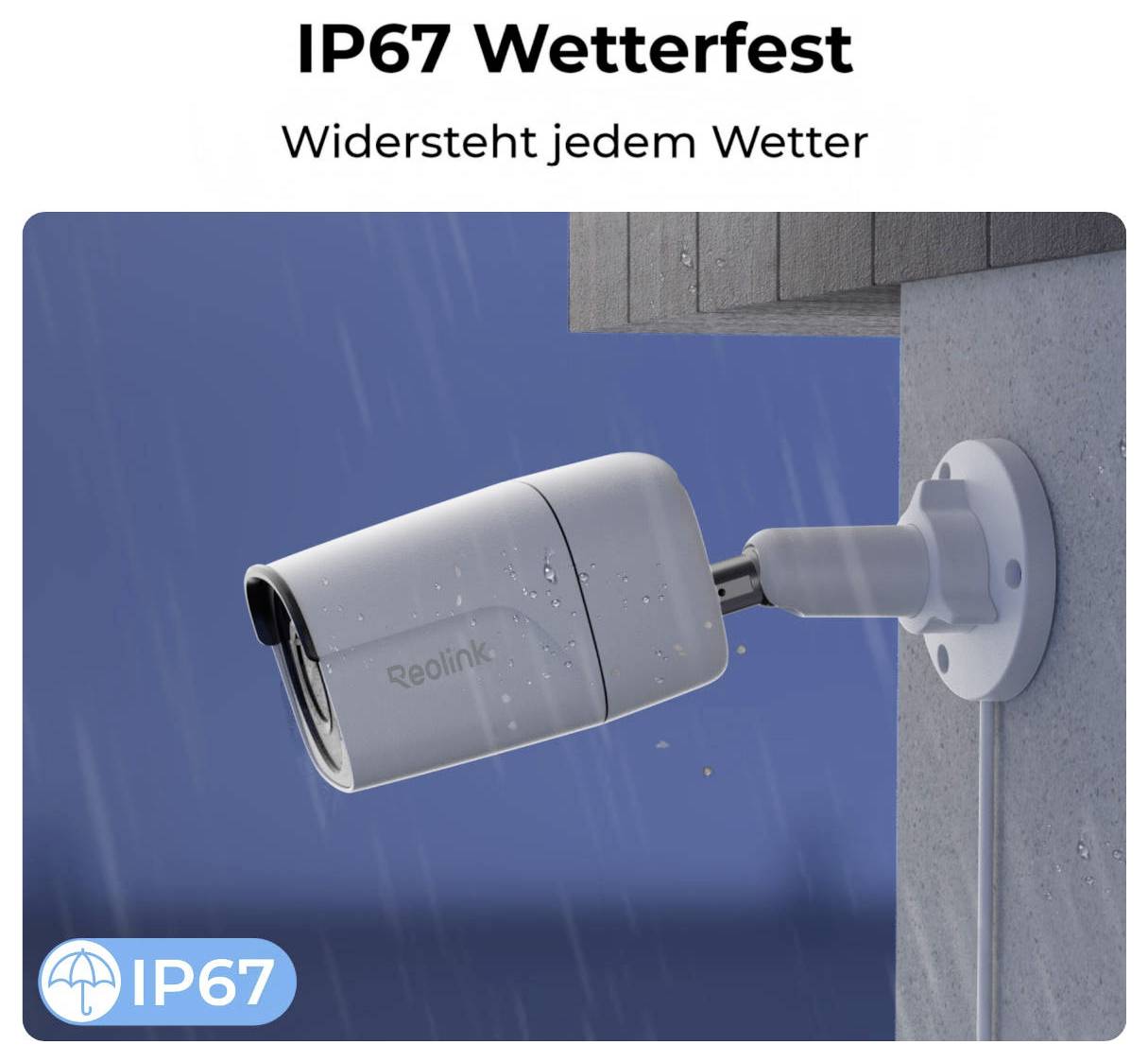 'Überwachungskamera montiert an einer Wand, wasserdicht nach IP67, widersteht jedem Wetter.'