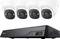 Überwachungssystem-Bild mit vier Domenkameras und einer zentralen Kontrolleinheit, die zur Überwachung und Aufzeichnung konzipiert sind.
