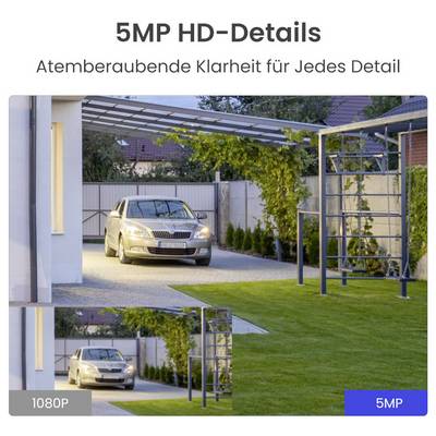 Ein Auto parkt in einem Carport, umgeben von Rasen und Bäumen. Text '5MP HD-Details' und 'Atemberaubende Klarheit für jedes Detail'.