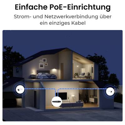 'Ein Haus bei Nacht, das die einfache PoE-Einrichtung zeigt, mit Strom- und Netzwerkverbindung über ein einziges Kabel.'