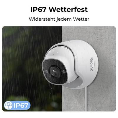 'Überwachungskamera an einer Wand im Regen. Text: IP67 Wetterfest, Widersteht jedem Wetter.'