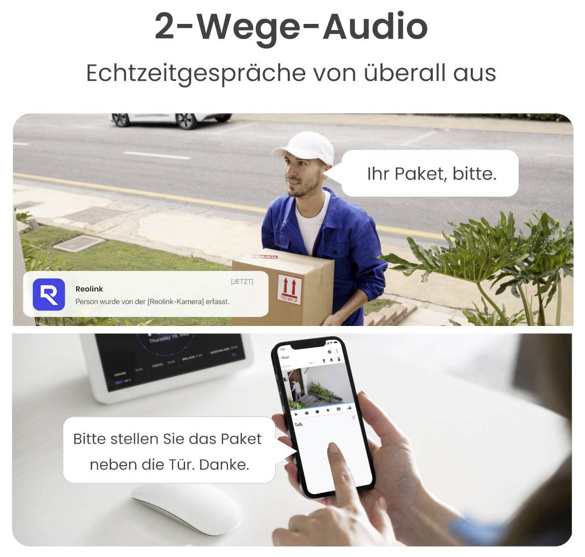 'Mann liefert Paket an, während Person über Kamera-App mit ihm spricht. Nachrichten: "Ihr Paket, bitte." und "Bitte stellen Sie das Paket neben die Tür. Danke."'