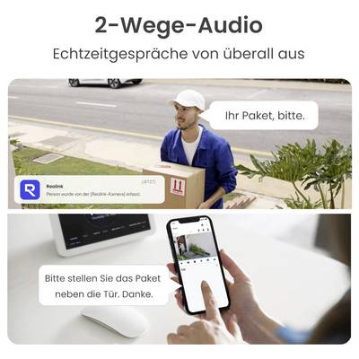 'Mann liefert Paket an, während Person über Kamera-App mit ihm spricht. Nachrichten: "Ihr Paket, bitte." und "Bitte stellen Sie das Paket neben die Tür. Danke."'
