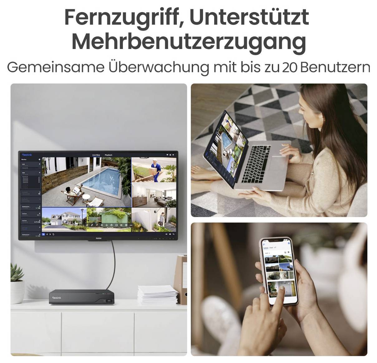 Ein Bildschirm zeigt mehrere Kamerawinkel eines Hauses. Eine Person nutzt einen Laptop, eine andere ein Smartphone. Text: 'Fernzugriff, Unterstützt Mehrbenutzerzugang'.