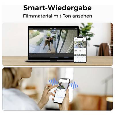 'Smart-Wiedergabe: Filmmaterial auf Laptop und Handy ansehen.' Oben ein Laptop und unten eine Frau, die ein Handy bedient.