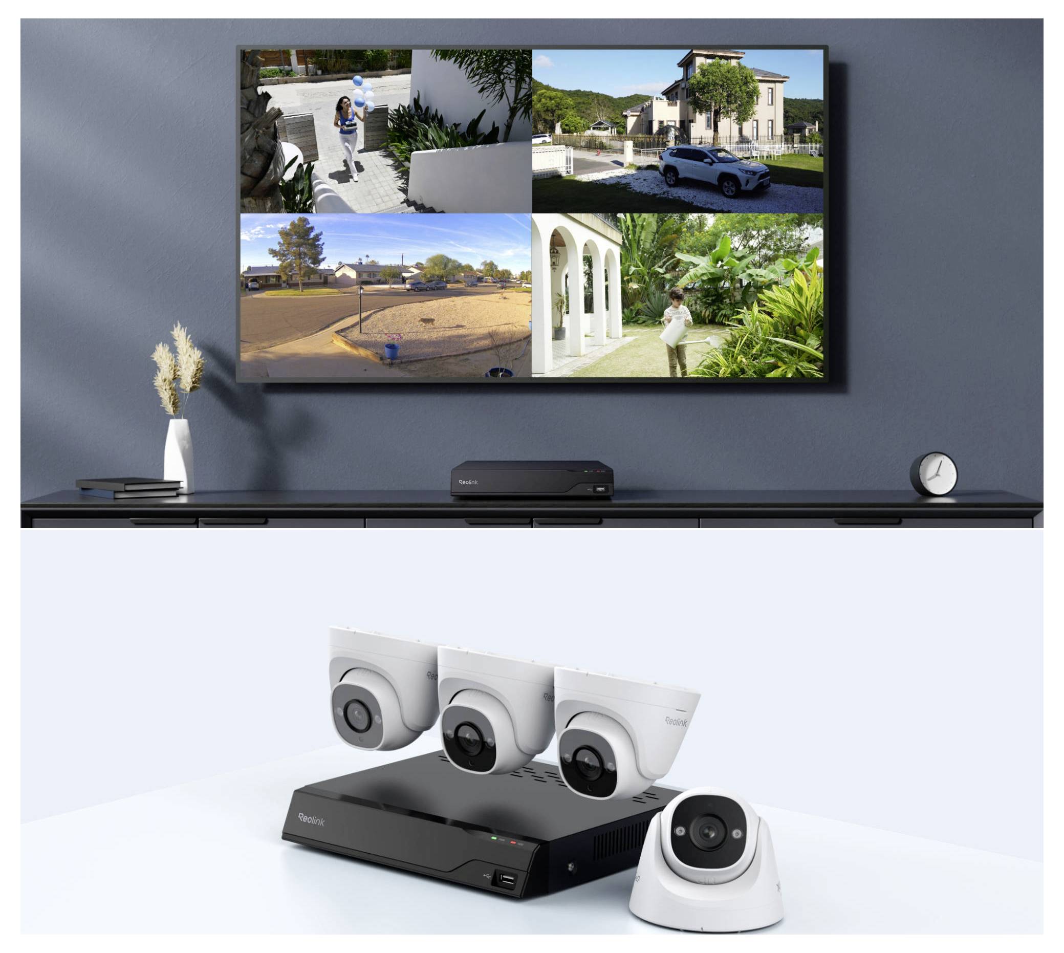 Heimsicherungssystem mit einem wandmontierten Bildschirm, der vier Überwachungskamera-Feeds anzeigt, die verschiedene Außenbereiche zeigen, und ein Sicherheitsrekorder-Gerät mit Kameras darunter.