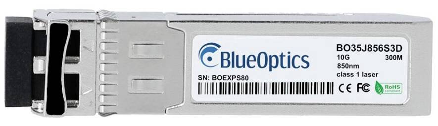 BlueOptics 10G 850nm SFP+ Transceiver-Modul mit Zuglasche, Modell BO35J856S3D und Reichweite von 300m.