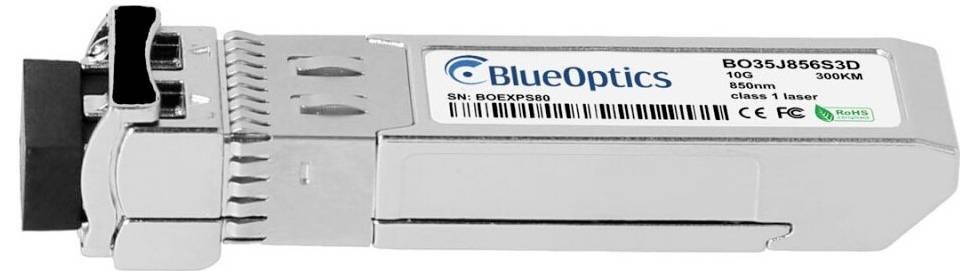 BlueOptics Glasfaser-Transceiver-Modul mit Etikett und Barcode, in Seitenansicht dargestellt.