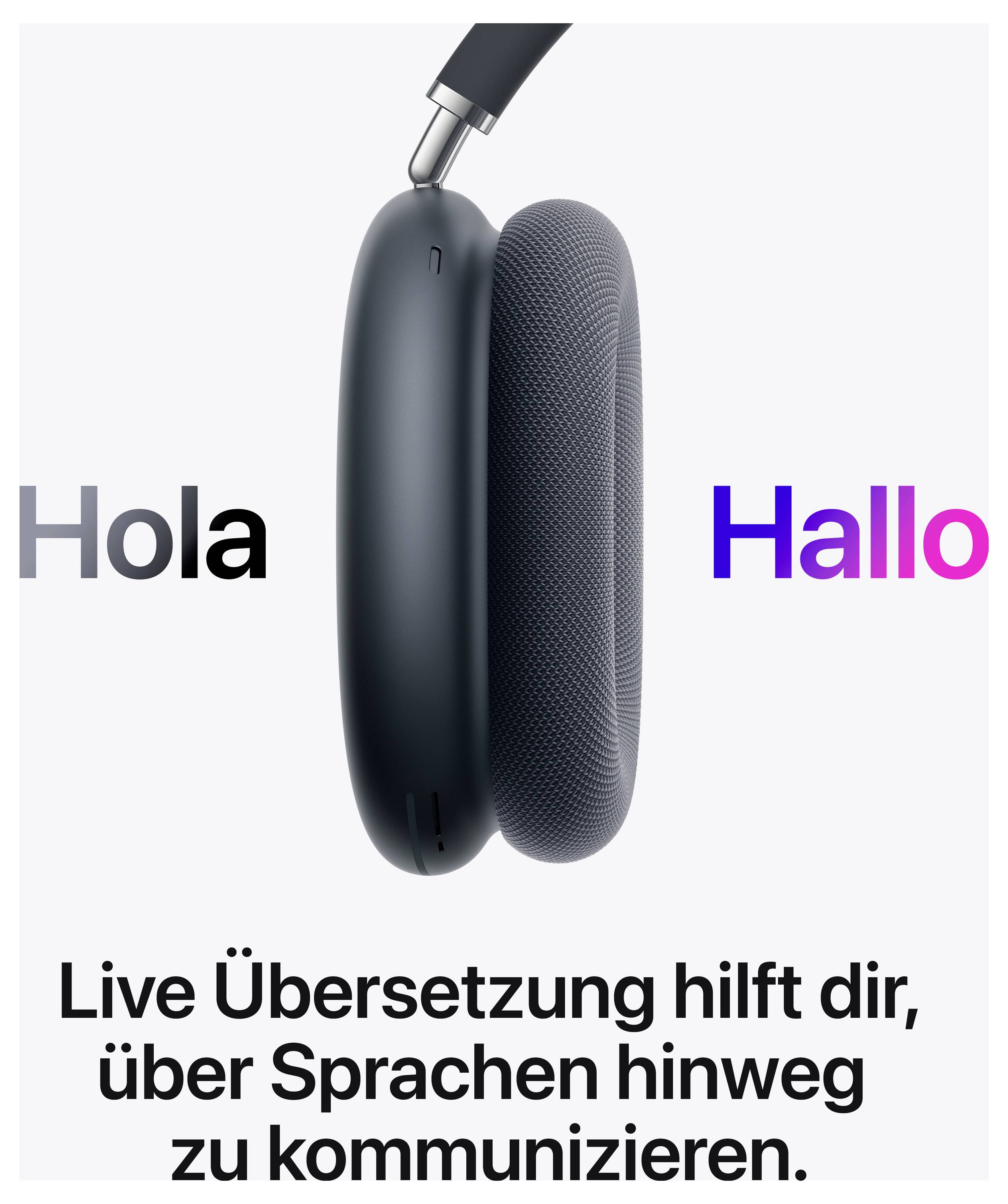 Kopfhörer in der Seiteansicht mit Text 'Hola' und 'Hallo'. Darunter steht 'Live Übersetzung hilft dir, über Sprachen hinweg zu kommunizieren.'