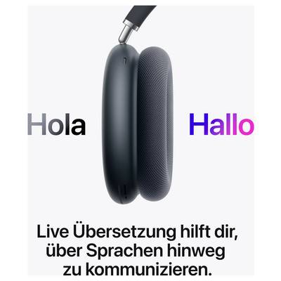 Kopfhörer in der Seiteansicht mit Text 'Hola' und 'Hallo'. Darunter steht 'Live Übersetzung hilft dir, über Sprachen hinweg zu kommunizieren.'