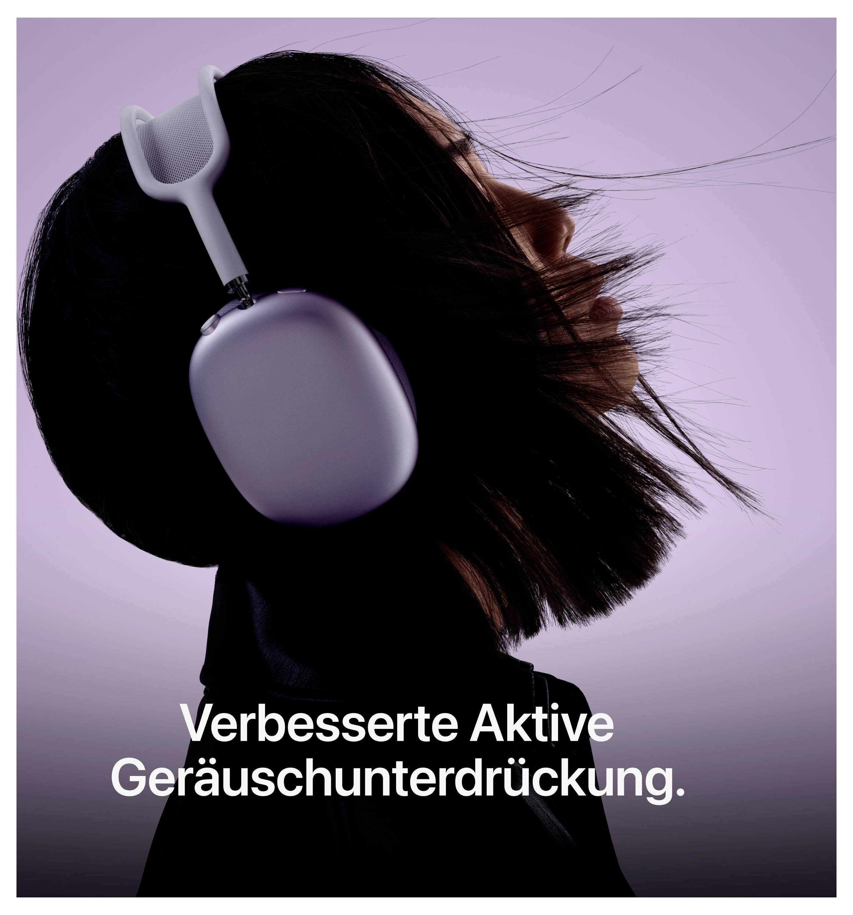 Eine Person mit Kopfhörern, Hintergrund in Lila. Text: 'Verbesserte Aktive Geräuschunterdrückung.'