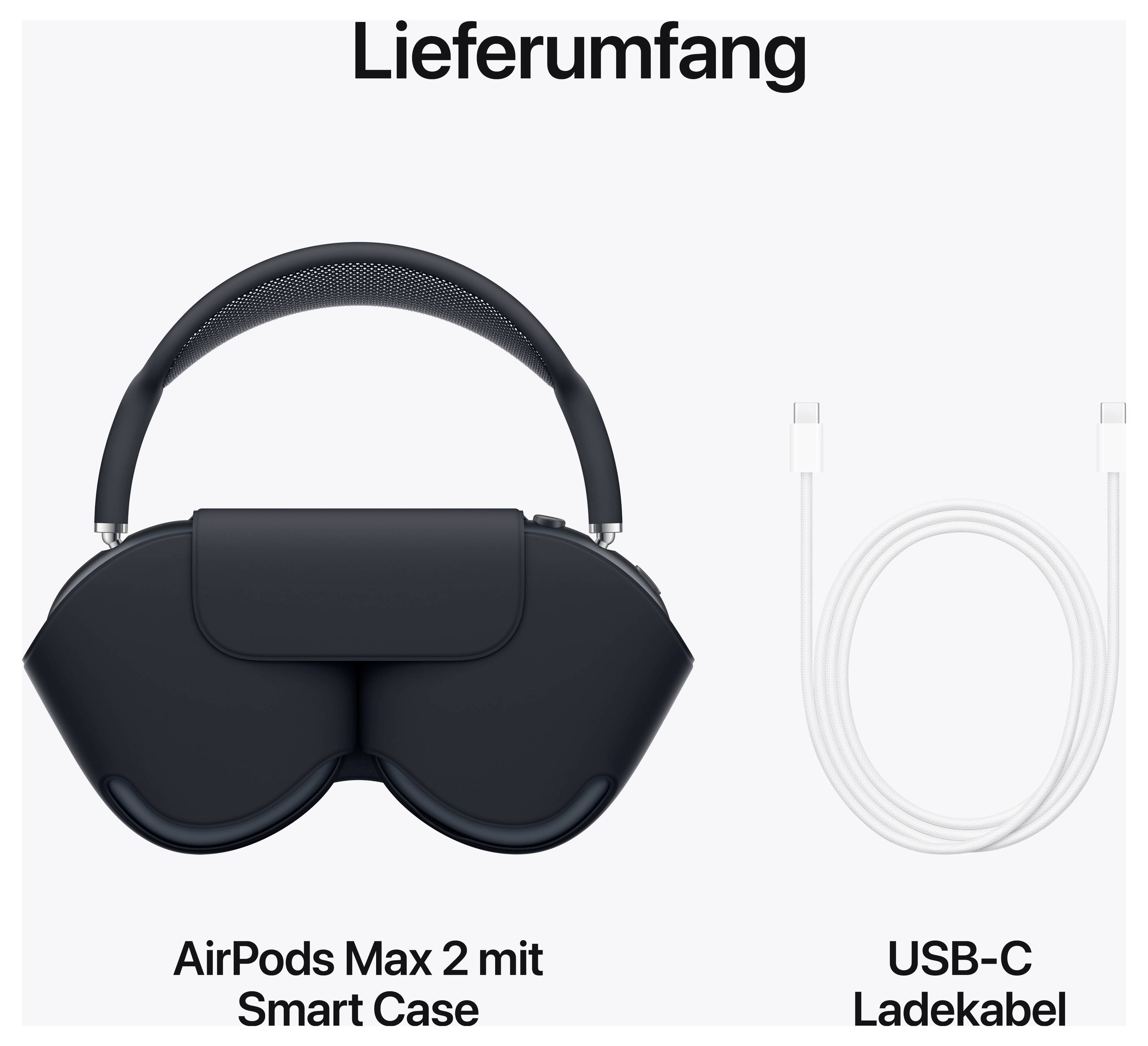 'Lieferumfang: AirPods Max 2 mit Smart Case und USB-C-Ladekabel.'
