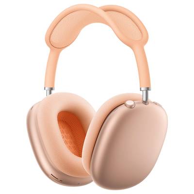 Ein Paar Over-Ear-Kopfhörer in Pfirsichfarbe mit flexiblem Mesh-Kopfbügel und gepolsterten Ohrmuscheln, entworfen für Komfort und Stil.