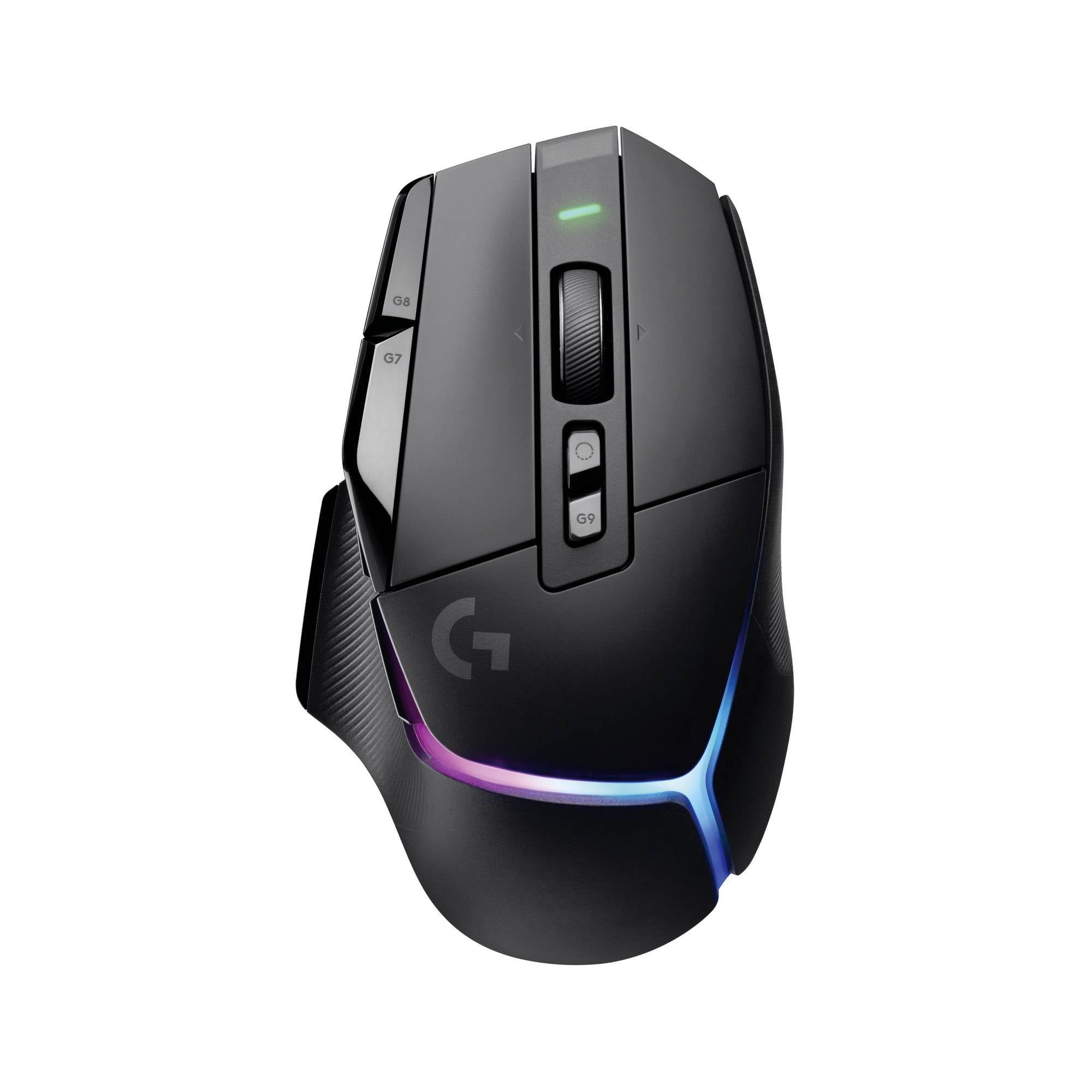 Schwarze Gaming-Maus mit RGB-Beleuchtung, Scrollrad und programmierbaren Seitentasten.