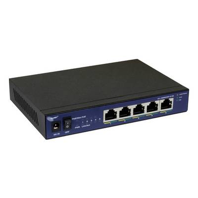 Schwarzer Netzwerk-PoE-Switch mit fünf Ethernet-Anschlüssen und Stromanschluss auf der Vorderseite, im Winkel auf weißem Hintergrund dargestellt.