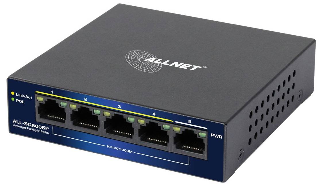Schwarzer ALLNET Netzwerk-Switch mit fünf Ethernet-Anschlüssen und Link/Act-, PoE- und Stromanzeigen auf der Frontplatte.